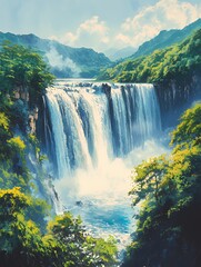 Fototapeta premium A scenic waterfall cascading through lush greenery and mountains under a bright sky.