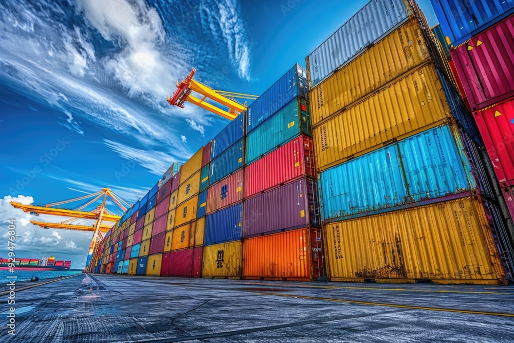 Poster colorful shipping containers stacked on a dock, ready for transportation or storage