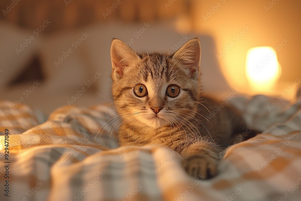 Wall mural cute kitten on bed