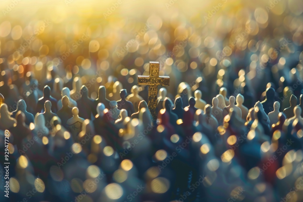 Poster a group of people standing around a cross in an open field