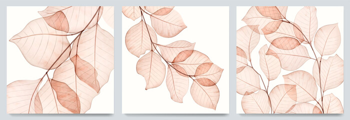 Set of art posters with hand-drawn autumn leaves on a branch. Botanical fall set of transparent leaves for print, postcard, invitation, wallpaper, packaging, interior.