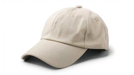 A stylish beige baseball cap lies on a smooth surface. This minimalist hat is perfect for casual wear and outdoor activities. It adds a touch of simplicity and comfort to any outfit. AI