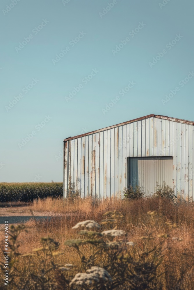 Poster a large farmhouse situated in the middle of an open field, surrounded by nature