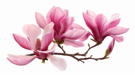 Beautiful magnolia flowers in bloom. They showcase vibrant shades of pink and soft petals. The elegant branch adds a natural touch. Perfect for nature lovers and floral designs. AI