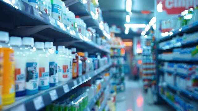 Colorful bottles of vitamins, supplements, and medications line the shelves in a well-organized pharmacy aisle, creating an inviting shopping atmosphere.