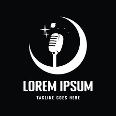 Night Star Crescent Moon Mic Microphone Headphones Waveform Sound Wave for Podcast Radio Recording Illustration