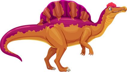 Oxalaia prehistoric dinosaur. Isolated cartoon vector dino reptile animal with prominent sail-like spine, purple and orange skin and crest on its head, stands side profile view. paleontology science