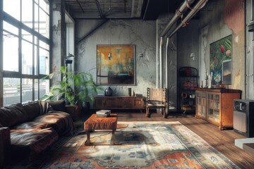 Fototapeta premium Cozy living room interior featuring various furniture pieces and a beautiful painting on the wall