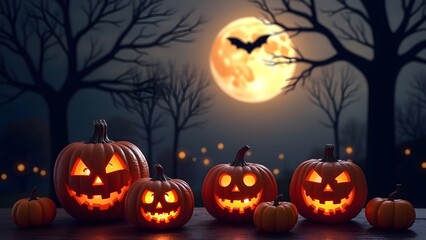 Glowing jack-o'-lanterns under a full moon, with bats flying and barren trees in the background