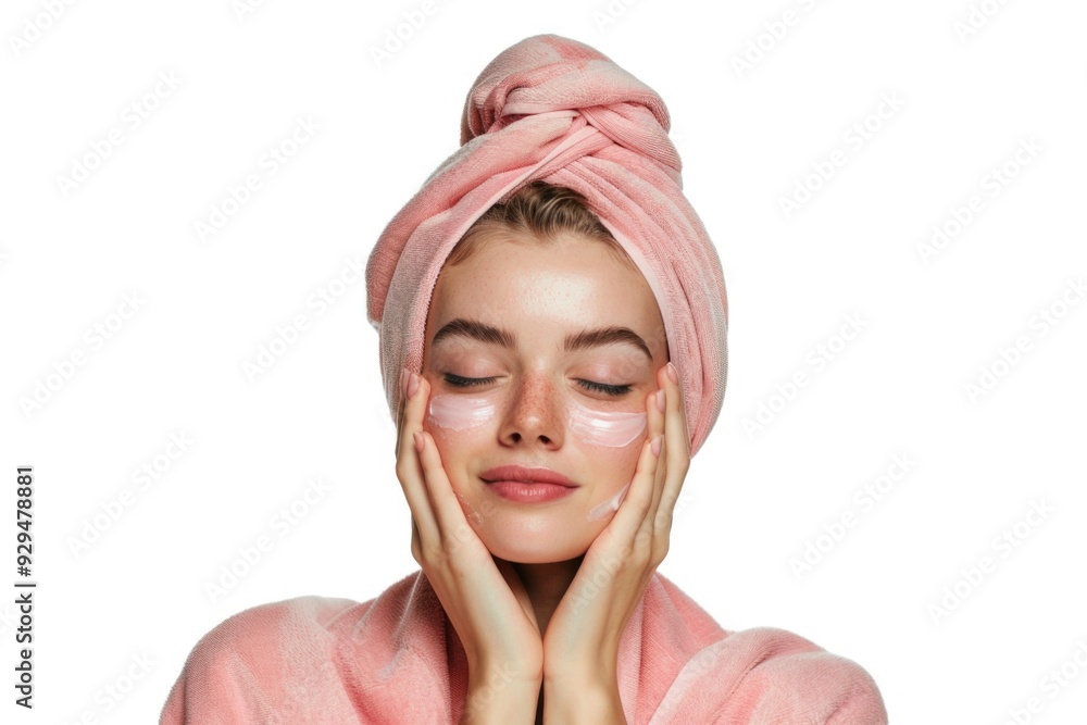 Poster A person wearing a pink towel as a head covering, possibly for sun protection or fashion statement