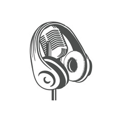 Hand Drawn Mic Microphone Headphones Waveform Sound Wave for Podcast Radio Recording Illustration