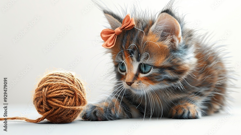 Wall mural Cute Kitten with a Yarn Ball