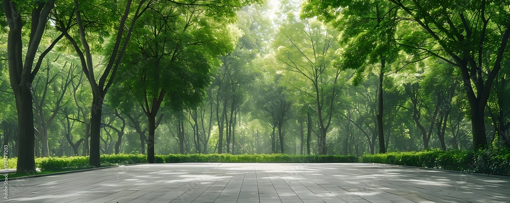 Poster Sunbeams filtering through a lush green forest canopy, illuminating a paved path