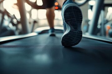 Focused shot of runner's feet on treadmill in gym