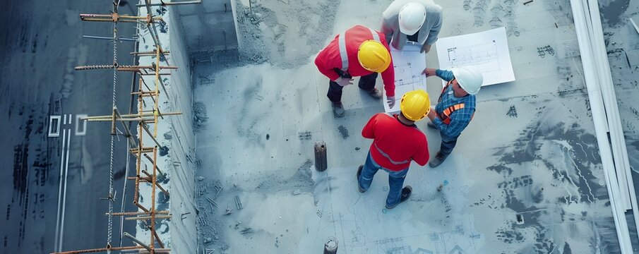 Construction Workers Reviewing Blueprint on Concrete Slab