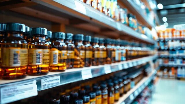 Shelves filled with various supplement bottles are neatly arranged in a health store, showcasing a wide array of natural health products.