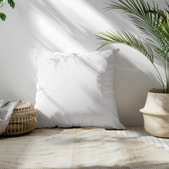 A cozy, minimalist interior featuring a white pillow, green plant, and textured rug, creating a tranquil living space.