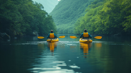 渓谷でカヤック
