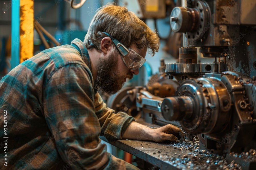 Poster A man works on a machine in a factory setting