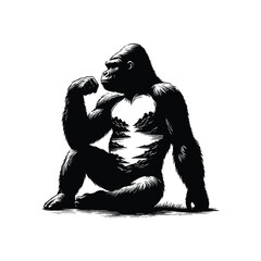 Fototapeta premium silhouette of gorilla, filled with river view in rough drawing,