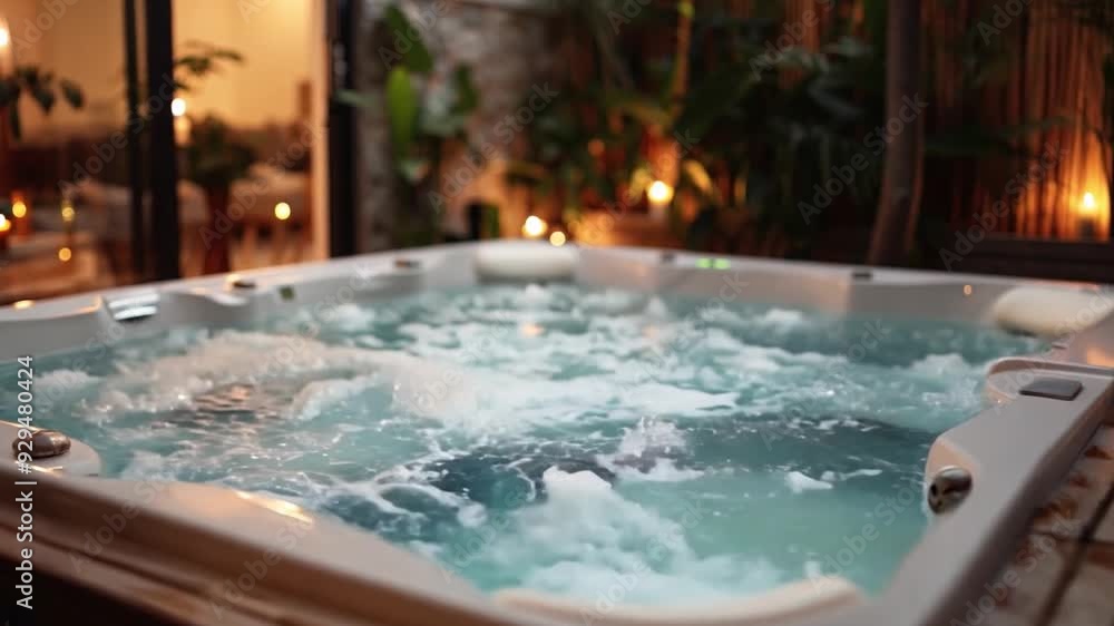 Poster the hot tub bubbles gently, surrounded by lush greenery and soft lighting, creating a tranquil and i