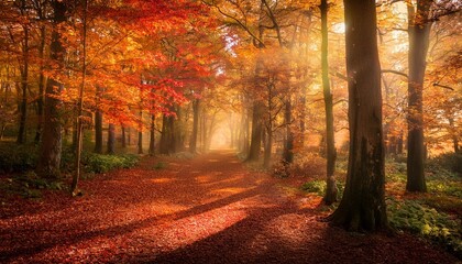 tranquil autumn forest with red and orange trees serene pathway with sunlight perfect for wall art and seasonal decor