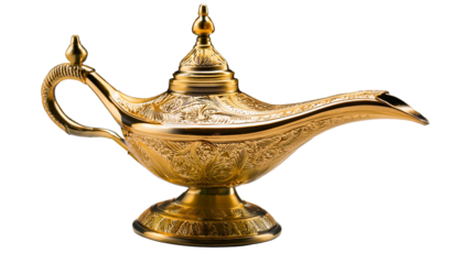 gold arabian genie lamp side view full length on transparency background PNG