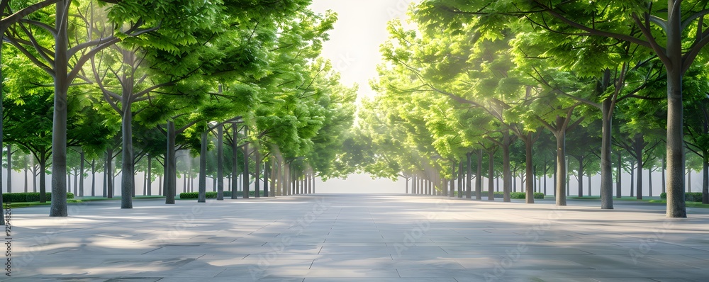 Poster sunbeams filtering through trees in a park pathway