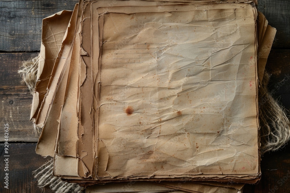 Poster a stack of old papers resting on a wooden table