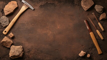 A flat lay of sculpting tools and rocks on a textured surface, ideal for artistic or crafting purposes.