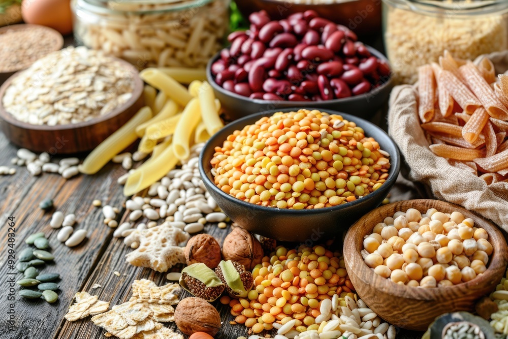 Poster a wooden table set with various bowls containing different types of food, great for stock photograph