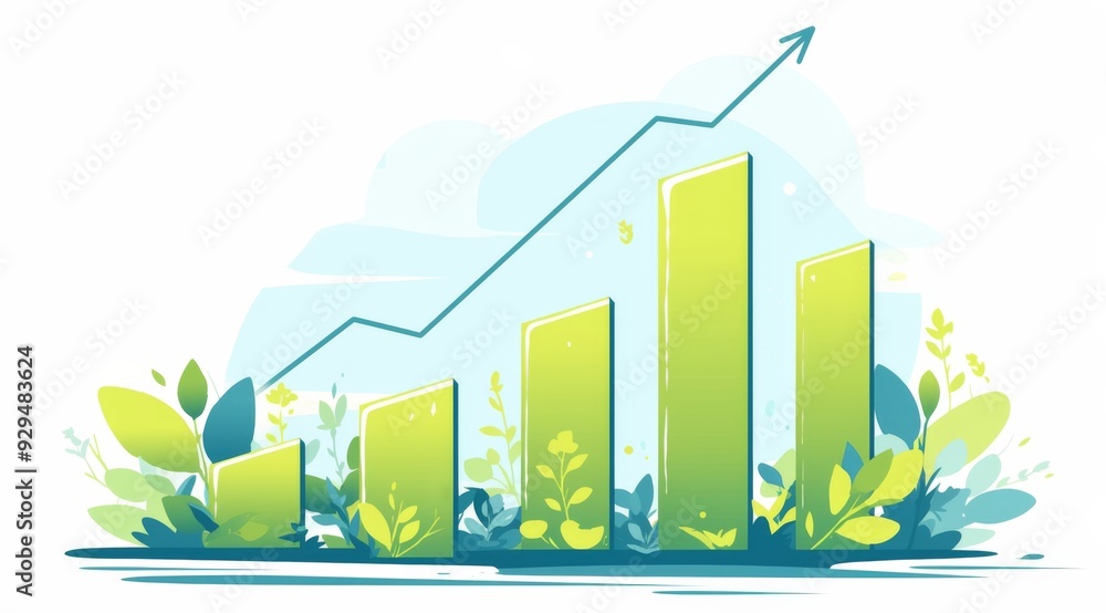 Aufkleber simple bar graph on paper with green bars and an upward-pointing arrow in the center. the background