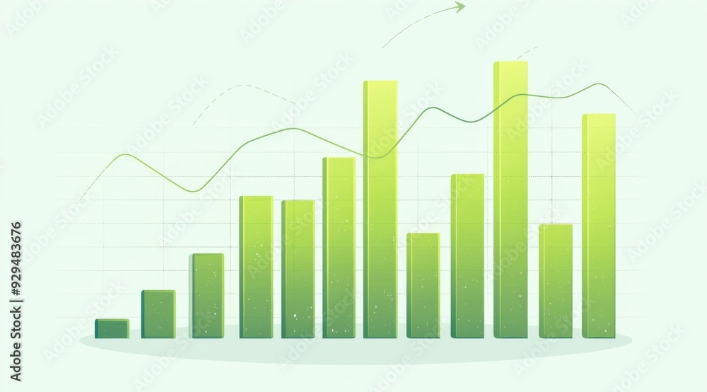 Poster simple bar graph on paper with green bars and an upward-pointing arrow in the center. the background