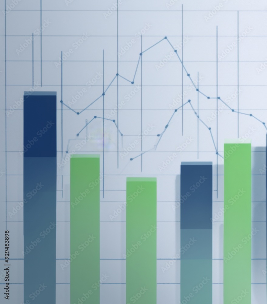 Aufkleber simple bar graph on paper with green bars and an upward-pointing arrow in the center. the background