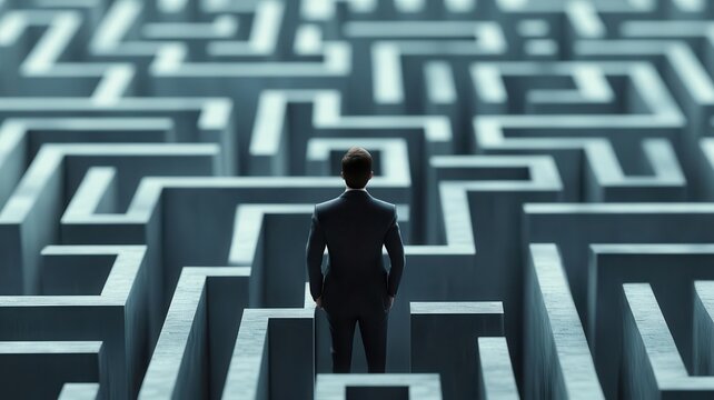 Abstract representation of a businessperson lost in a labyrinth of ethical decision paths, Business Ethics, ethical labyrinth