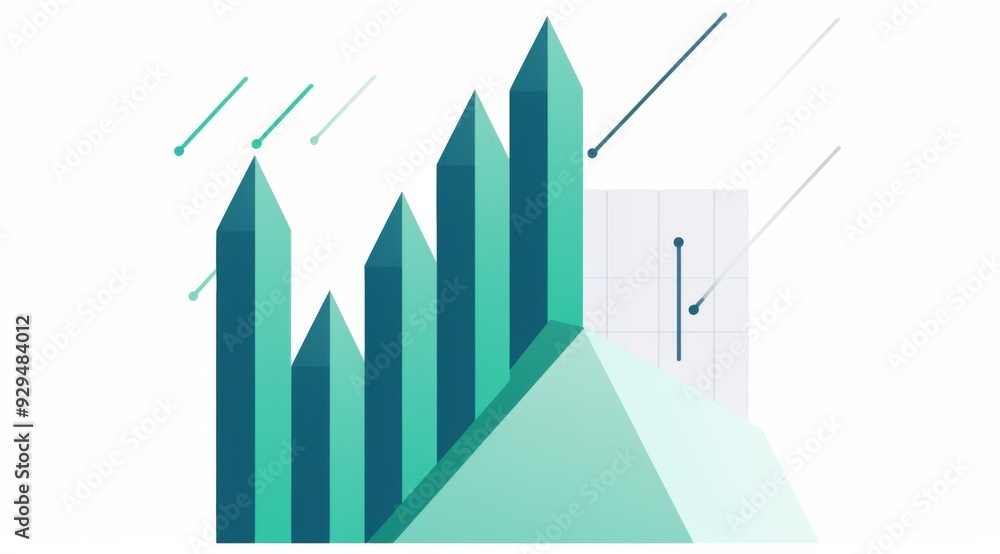Aufkleber simple bar graph on paper with green bars and an upward-pointing arrow in the center. the background