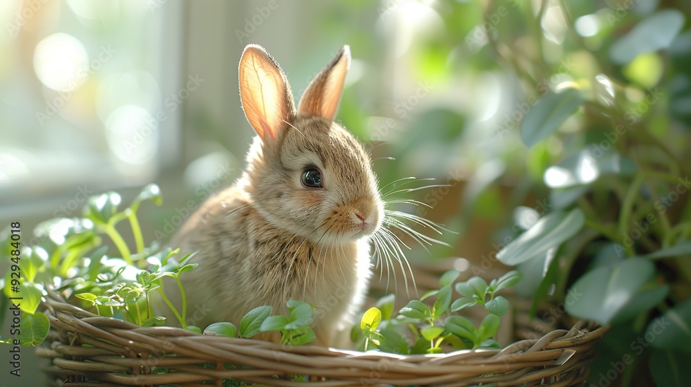 Sticker adorable bunny in a basket of greenery