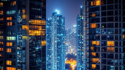 A nighttime cityscape with tall buildings illuminated by bright lights, reflecting off the glass windows