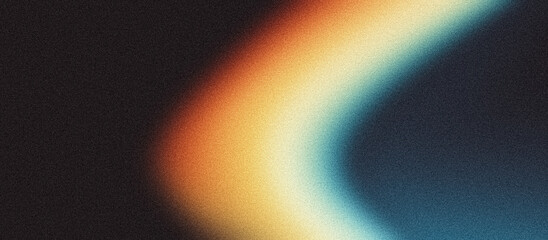 Abstract color gradient grainy background, glowing orange blue yellow retro rainbow shape, vibrant poster black backdrop, noise texture banner cover header design