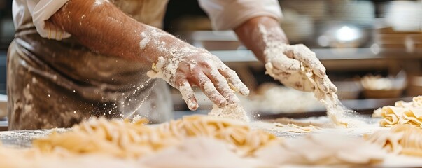 Chef Dusting Freshly Made Pasta with Flour