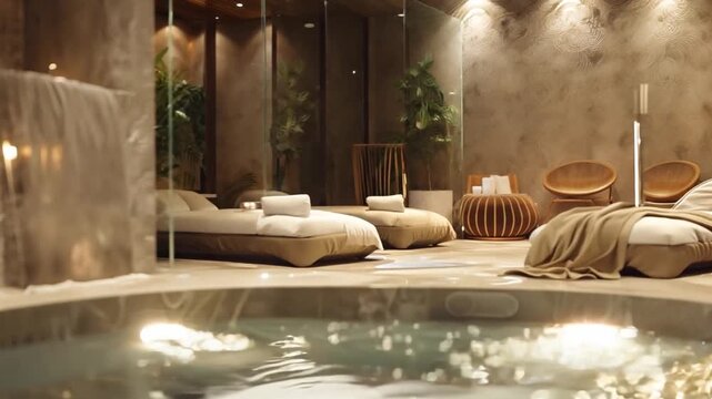 A serene spa environment featuring a soothing hot tub, comfortable loungers, calming lighting, and natural elements for ultimate relaxation.