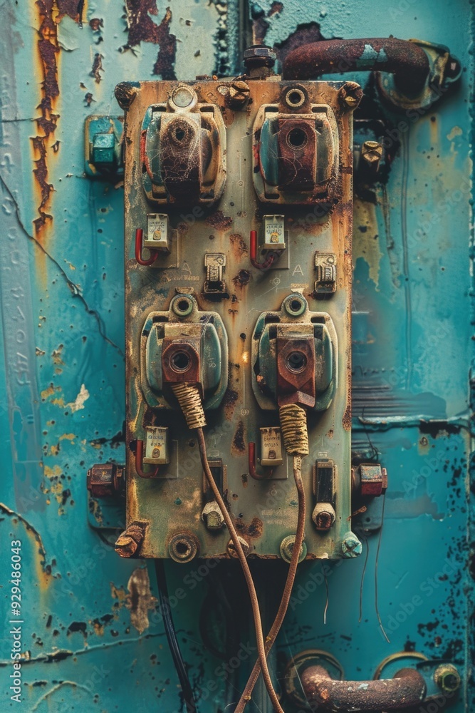 Poster an old rusty electrical panel with multiple wires