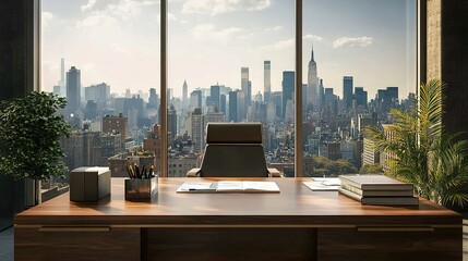 A modern workspace with a large wooden desk, executive chair, and neatly organized documents, with a view of the city skyline through the window