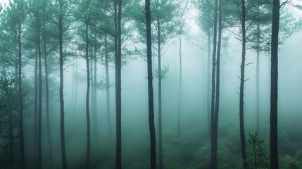 Obraz premium A misty forest panorama with fog weaving through tall trees, creating a ghostly and serene atmosphere