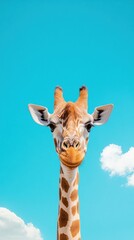 Obraz premium A giraffe is staring at the camera with its head tilted to the side.