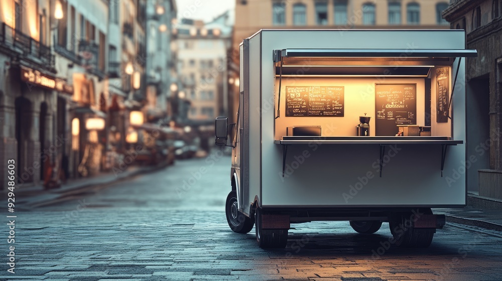 Poster a blank food truck template with a large open area in front for text or design. background of a dese