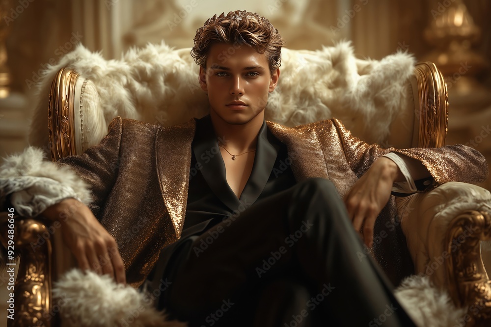 Wall mural Confident Young Man in Gold Jacket Relaxing in Luxurious Setting