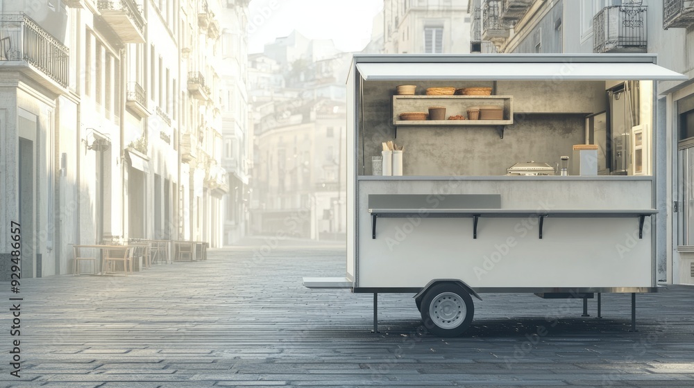 Poster a blank food truck template with a large open area in front for text or design. background of a dese