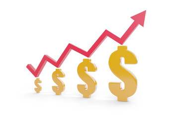 Growth arrow with dollar signs isolated on blue background. 3D illustration.