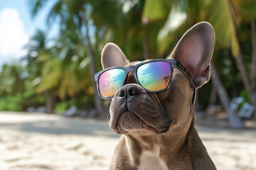 happy french bulldog wearing colorful sunglasses on vacation on beach with palm trees over ocean in maldives, generative AI